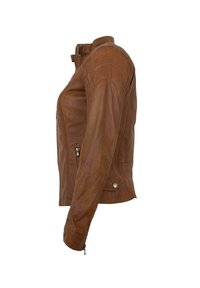 Brown leather jacket with a fitted design, zippered front, and side pockets. Features quilted shoulder details and snap accents.