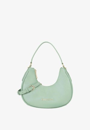 Sac épaule en cuir vert menthe avec une forme incurvée, des accents en métal doré, et une sangle amovible et ajustable, doté d'une fermeture éclair.