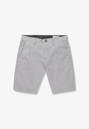 Lysegrå herre-casual shorts med knapp og glidelås, beltehemper og sidelommer, størrelse 32.