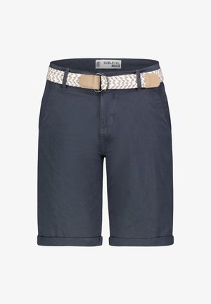 Marineblaue Shorts aus Baumwolle, ausgestattet mit einem gewebten beige Gürtel mit einer Schnalle, umgeschlagenem Saum und zwei Seitentaschen. Das Etikett trägt die Aufschrift "SUBLEVEL MEDIUM."