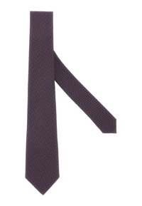 Tamsiai mėlynas kaklaraištis, dekoruotas raudonomis ir baltomis geometrinėmis taškeliais. Siaura forma su smailiu galu, visame paviršiuje lygus tekstūra.