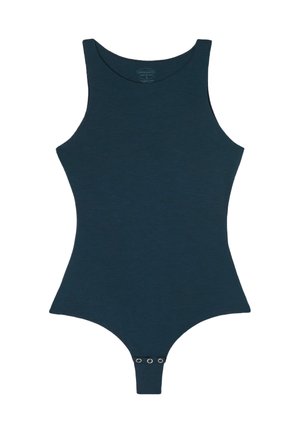 Body in verde scuro con design senza maniche, scollatura rotonda e chiusura a pressione sul fondo con dettagli metallici. Tessuto morbido ed elasticizzato.