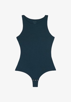 El body de color verde oscuro presenta un diseño sin mangas, cuello redondo y un cierre a presión en la parte inferior con acentos metálicos. Tejido suave y elástico.