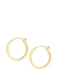 Goldfarbene Creolen mit einem glatten, abgerundeten Design; mit einer sicheren Verschlussmechanismus und feiner Verzierungen am Scharnier für ein poliertes Finish.