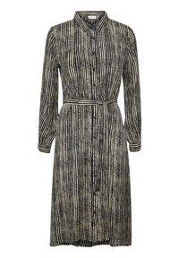 Langärmliges, knöpfbares Kleid mit schwarzen und beigen vertikalen gepunkteten Streifen, Kragen und passendem Gürtel in der Taille.