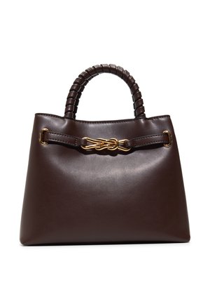 Sac à main en cuir brun foncé avec poignée tressée et détail décoratif en nœud doré sur la sangle avant, présenté sur un fond blanc.