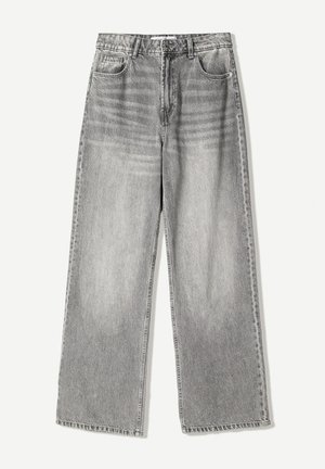 Wijde jeans in vervaagd zwart denim met een hoge taille, voorzien van een vijf zakken ontwerp en contrasterende stiksels voor textuur.