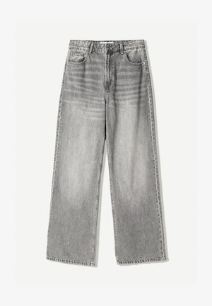 Weite Jeans aus verblichenem schwarzem Denim mit hoher Taille, ausgestattet mit einem Fünf-Taschen-Design und kontrastierenden Nähten für zusätzliche Textur.