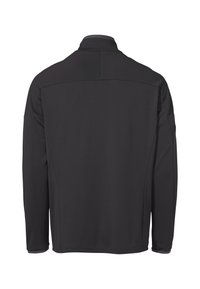 Zwarte lange mouwen jas met een hoge kraag, een gladde textuur en een minimalistisch design. Geen zichtbare merknaam of patronen.