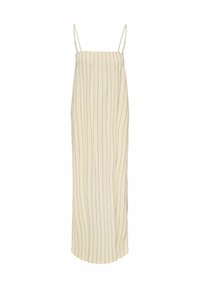 Robe maxi beige sans manches avec fines rayures verticales noires et bretelles spaghetti ajustables.