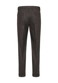 Charcoal gray wool trousers with a tailored fit, crease details, and cuffed hems; features two back pockets and a belt loop.