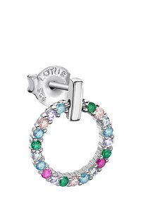 Boucles d'oreilles en argent avec un design circulaire rehaussé de pierres précieuses multicolores dans des teintes de rose, vert, bleu et violet.