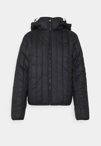 Veste matelassée noire avec fermeture éclair à l'avant, capuche rembourrée avec cordons de serrage, et manches longues sur fond gris clair uni.