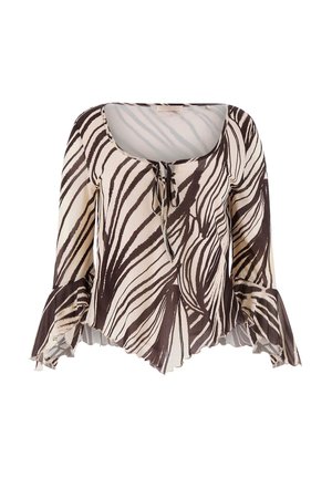 Beige en donkerbruine blouse met zebraprint, lange mouwen, ronde hals, strikdetail, uitlopende manchetten en asymmetrische zoom.
