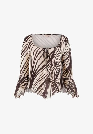 Beige en donkerbruine blouse met zebraprint, lange mouwen, ronde hals, strikdetail, uitlopende manchetten en asymmetrische zoom.