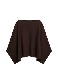 Maglione poncho di colore marrone scuro, morbido e ampio, con maniche larghe e scollo a barca, esposto su uno sfondo bianco.