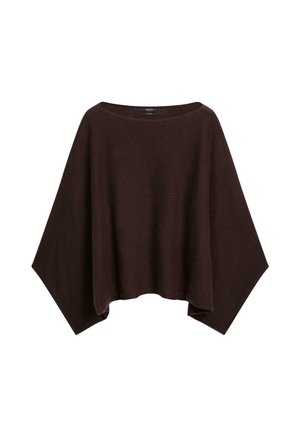 Maglione poncho di colore marrone scuro, morbido e ampio, con maniche larghe e scollo a barca, esposto su uno sfondo bianco.