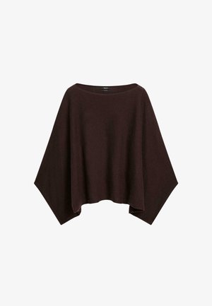 Dunkelbrauner, locker sitzender Poncho-Style-Pullover mit weiten Ärmeln und weit ausgeschnittenem Halsausschnitt, auf einem weißen Hintergrund präsentiert.