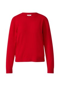 Czerwony sweter z długim rękawem wykonany z miękkiej, dzianinowej tkaniny. Posiada okrągły dekolt i prosty krój z prążkowanymi mankietami oraz dołem.