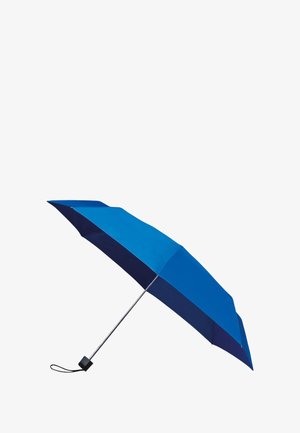 Ombrello blu e navy con struttura metallica, dotato di otto pannelli e di una fascia da polso per un facile trasporto. Finitura in tessuto liscia.