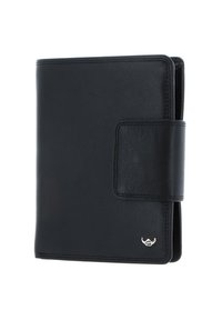 Black leather wallet with a smooth texture, featuring a flap closure and a small silver logo on the bottom right corner.