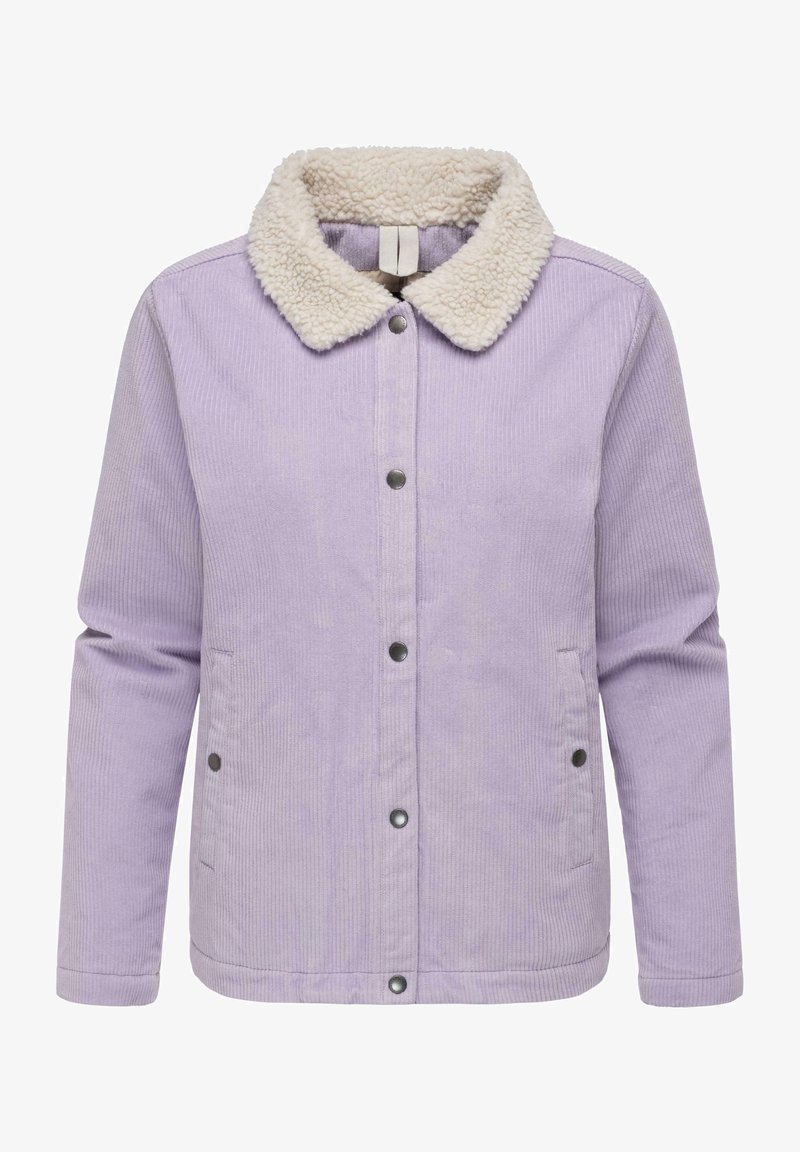 Purple corduroy jacket with a faux fur collar, snap buttons, and side pockets; features a textured fabric and ribbed pattern.