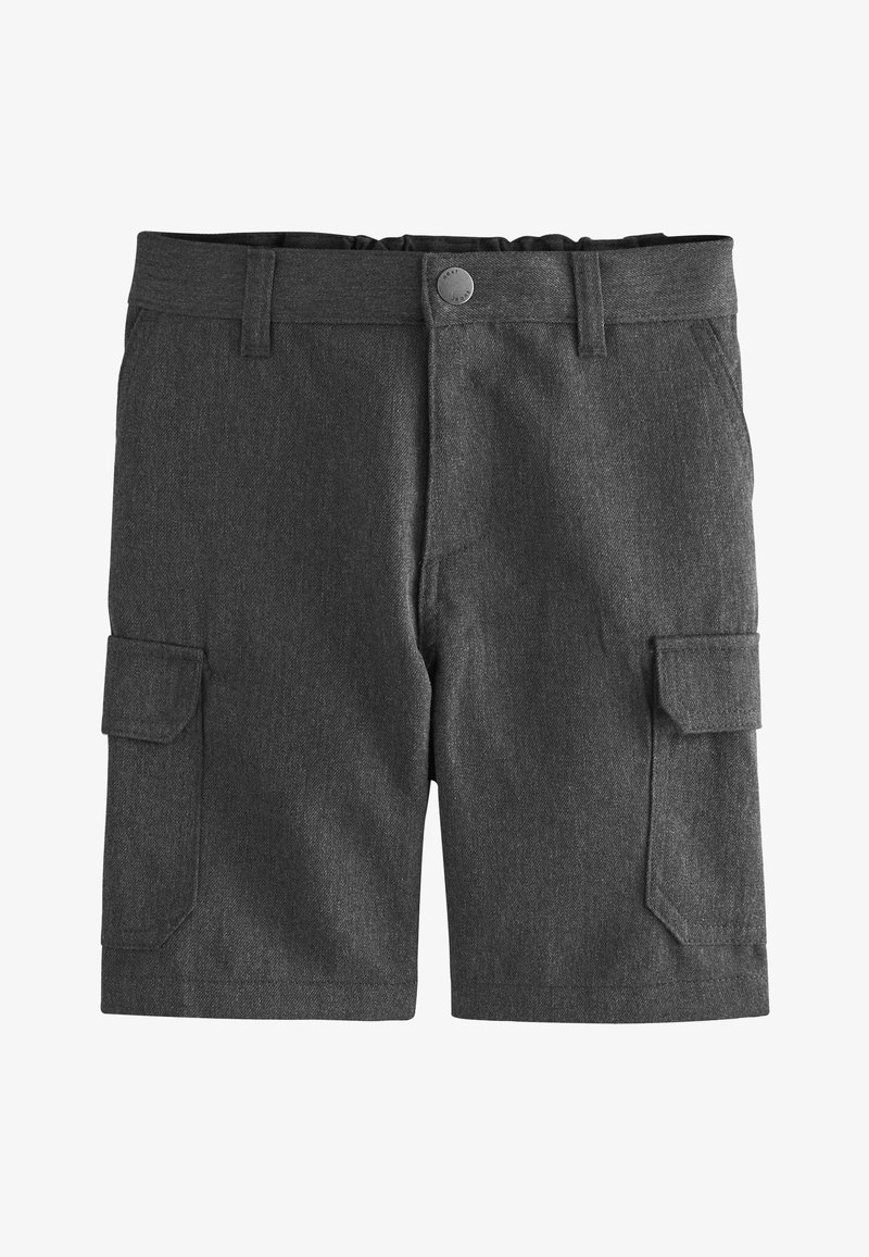 Shorts cargo gris foncé en tissu texturé, dotés de deux poches latérales, d'une fermeture à bouton et d'une taille élastique pour le confort.