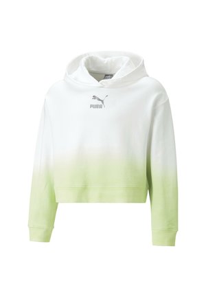 Kort hættetrøje i hvid med en grøn ombré-effekt. Har hætte, lange ærmer og et sølvfarvet Puma-logo på brystet. Blød stoftekstur.
