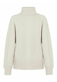 Pull en tricot crème avec un col haut à côtes, présentant des motifs en maille torsadée à l'avant ainsi que des poignets et un ourlet à côtes.