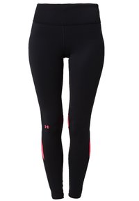Leggings neri aderenti con vita alta, pannelli in rete rosa sui polpacci e piccolo logo Under Armour rosa sulla coscia destra.