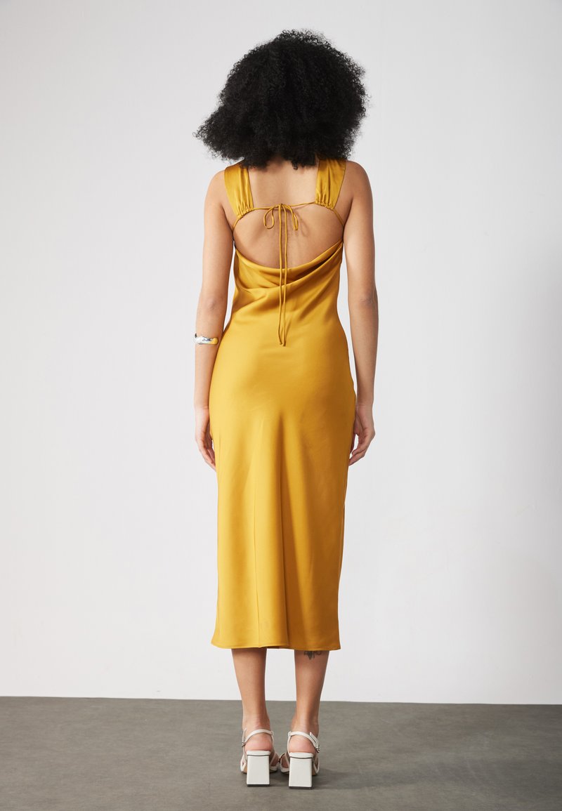 open lace back dress Yellow Satin Long Prom Dress, Simple Off Shoulder Evening Party Dress