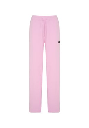 Pantalons de survêtement rose clair en tissu doux, dotés d'une taille élastique avec cordon de serrage et d'un petit logo noir sur le côté.