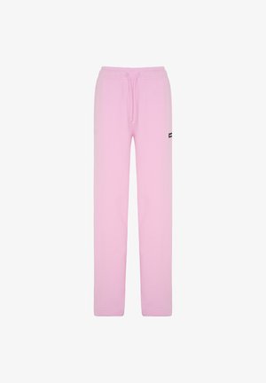Pantalons de survêtement rose clair en tissu doux, dotés d'une taille élastique avec cordon de serrage et d'un petit logo noir sur le côté.