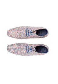 Colorful patterned shoes with a woven design, featuring blue laces, a rounded toe, and a textured insole.