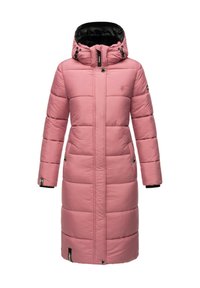 Rosa puffjacka med lång design, huva, quiltad textur, justerbara dragsnören och sidofickor. Svart foder och detaljer.