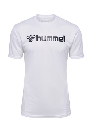 Witte sportieve shirt van lichtgewicht, gladde stof. Voorzien van korte mouwen en een zwart "hummel" logo op de borst.