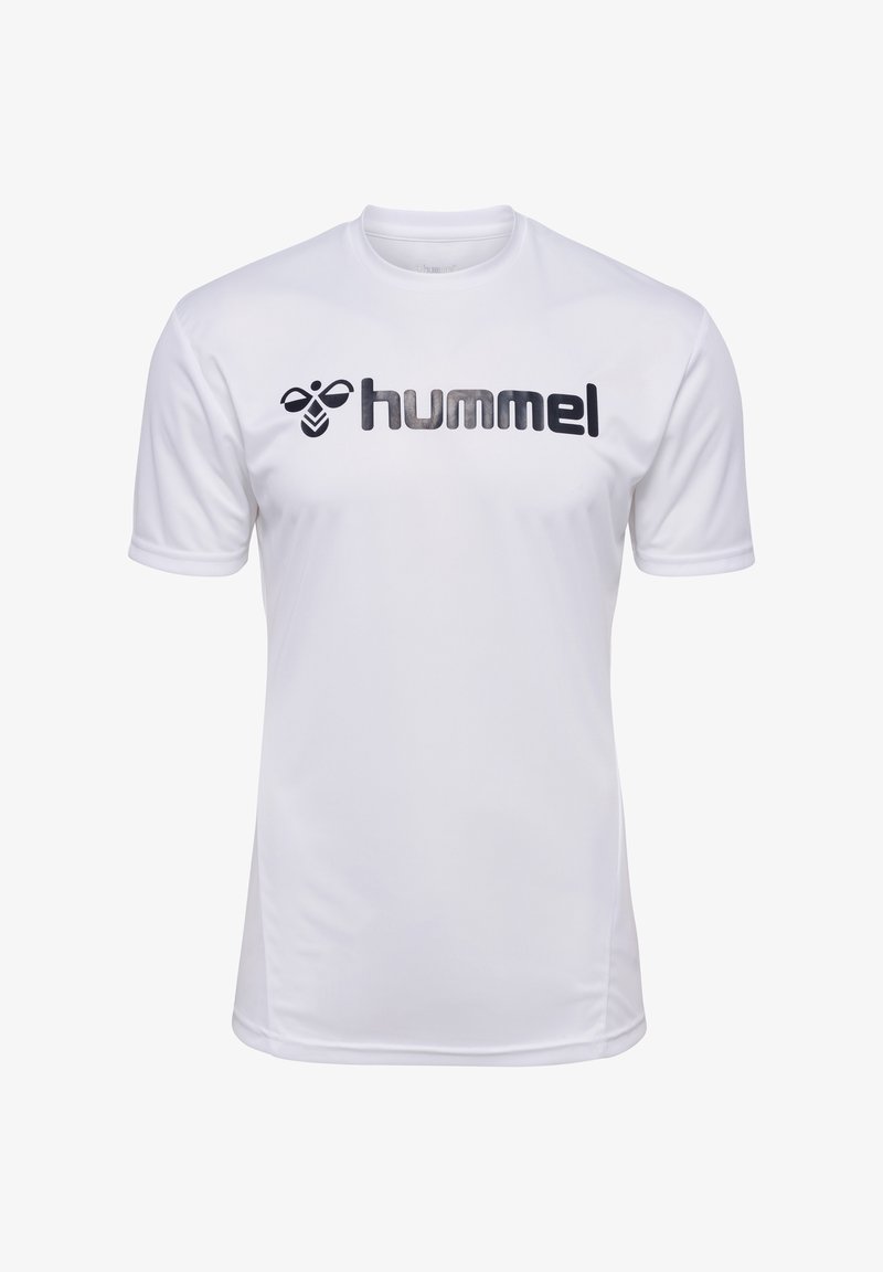 Hvid atletisk skjorte lavet af letvægts, glat stof. Har korte ærmer og et sort "hummel" logo over brystet.