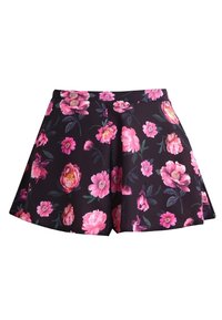 Skorts floraux en tissu sombre, ornés de grandes fleurs roses et de roses, avec un design évasé et une taille lisse.