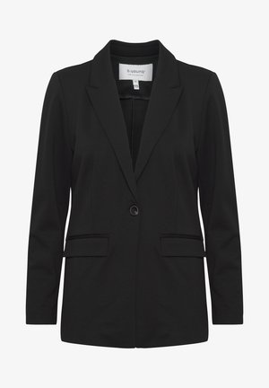 Fekete zakó sima anyagból, kihajtott gallérral, egy gombos záródással, két elülső zsebbel és hosszú ujjakkal.