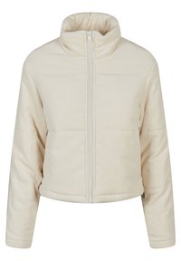 Beige kordflod puffer-jacka med hög krage, dragkedja fram och långa ärmar. Har ribbat mönster och en kort design.