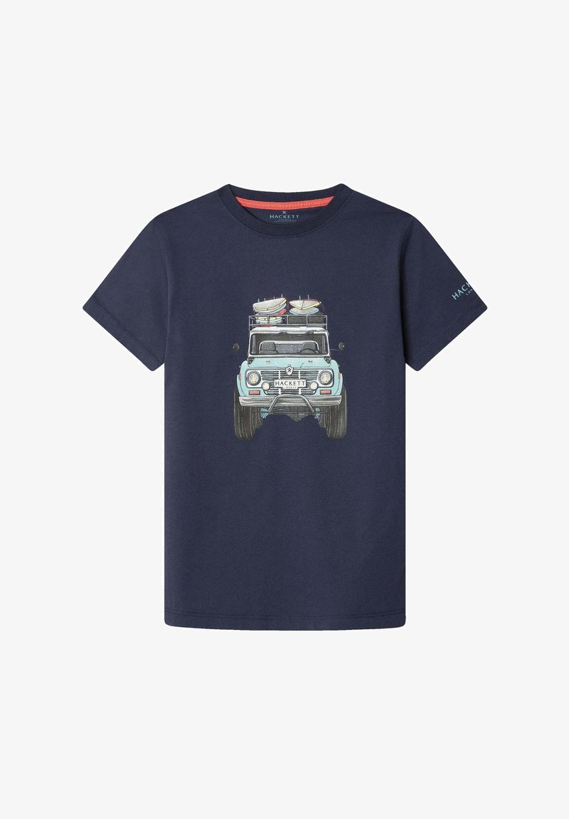 T-shirt de algodão azul-marinho com um gráfico de um veículo todo-o-terreno azul-claro a transportar pranchas de surf no teto, com decote redondo e mangas curtas.