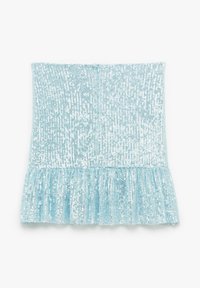 Top azzurro chiaro con paillettes, orlo svasato, superficie texturizzata e volant arricciato sul fondo. Chiusura con zip sul retro.