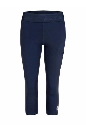Leggings de sport bleu marine courts avec une large ceinture et un logo subtil près de l’ourlet sur fond blanc.