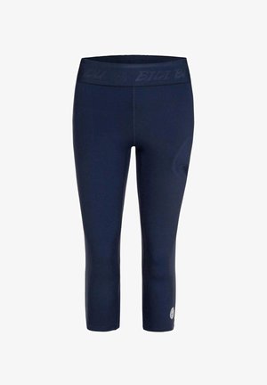 Leggings de sport bleu marine courts avec une large ceinture et un logo subtil près de l’ourlet sur fond blanc.