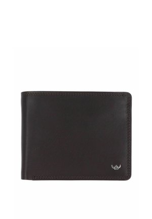 Dunkelbraune Leder-Bifold-Geldbörse mit sichtbarer Naht und kleinem silbernem Emblem in der unteren rechten Ecke auf weißem Hintergrund.