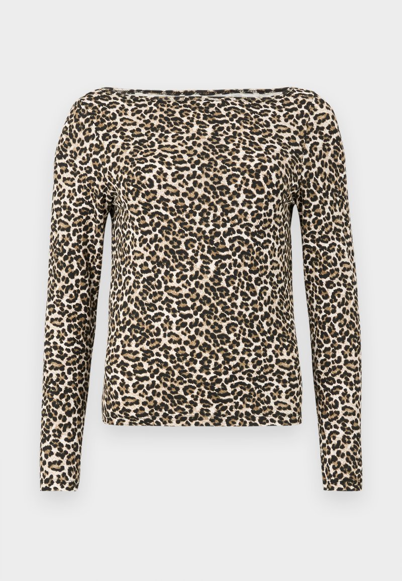 Chemise à manches longues en imprimé léopard beige, noir et marron. Tissu doux avec un col arrondi et une coupe décontractée.