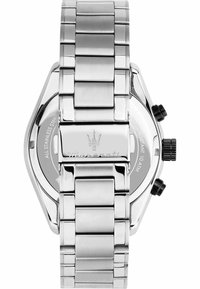 Rvs-horloge met een gepolijste afwerking, octagonale kast, zwarte chronograafknoppen en gegraveerd logo op de sluiting. Waterbestendig tot 10 ATM.
