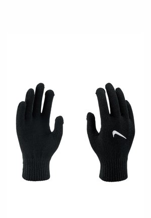 Guantes de punto negros con puños acanalados, uno mostrando un logo blanco de Nike swoosh en el dorso de la mano derecha.
