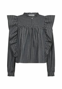 Blusa a righe nere e grigie con un collo alto, maniche a sbuffo e dettagli arricciati in vita e sui polsini. Realizzata in tessuto leggero.