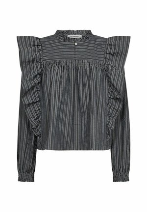 Schwarz- und grau gestreifte Bluse mit hohem Kragen, Puffärmeln und Raffung an der Taille und den Bündchen. Hergestellt aus leichtem Stoff.
